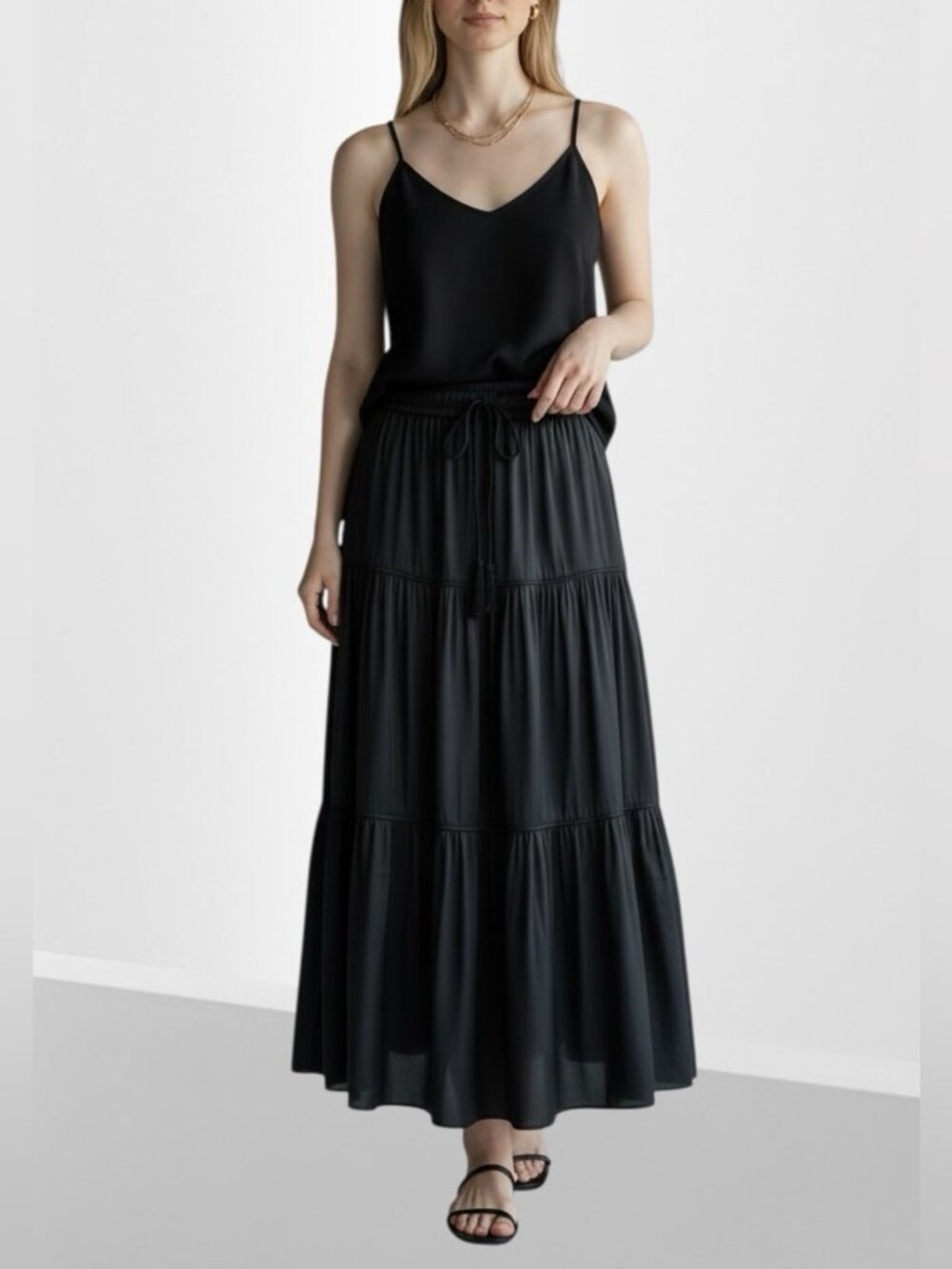 Joie Women's Black Tiered Maxi Skirt - Casual Drawstring Waist Size L - Picture 12 of 12
